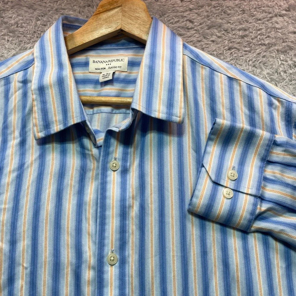 Banana Republic Mens Classic Fit Striped Dress Shirt Blue Orange L 16-16.5